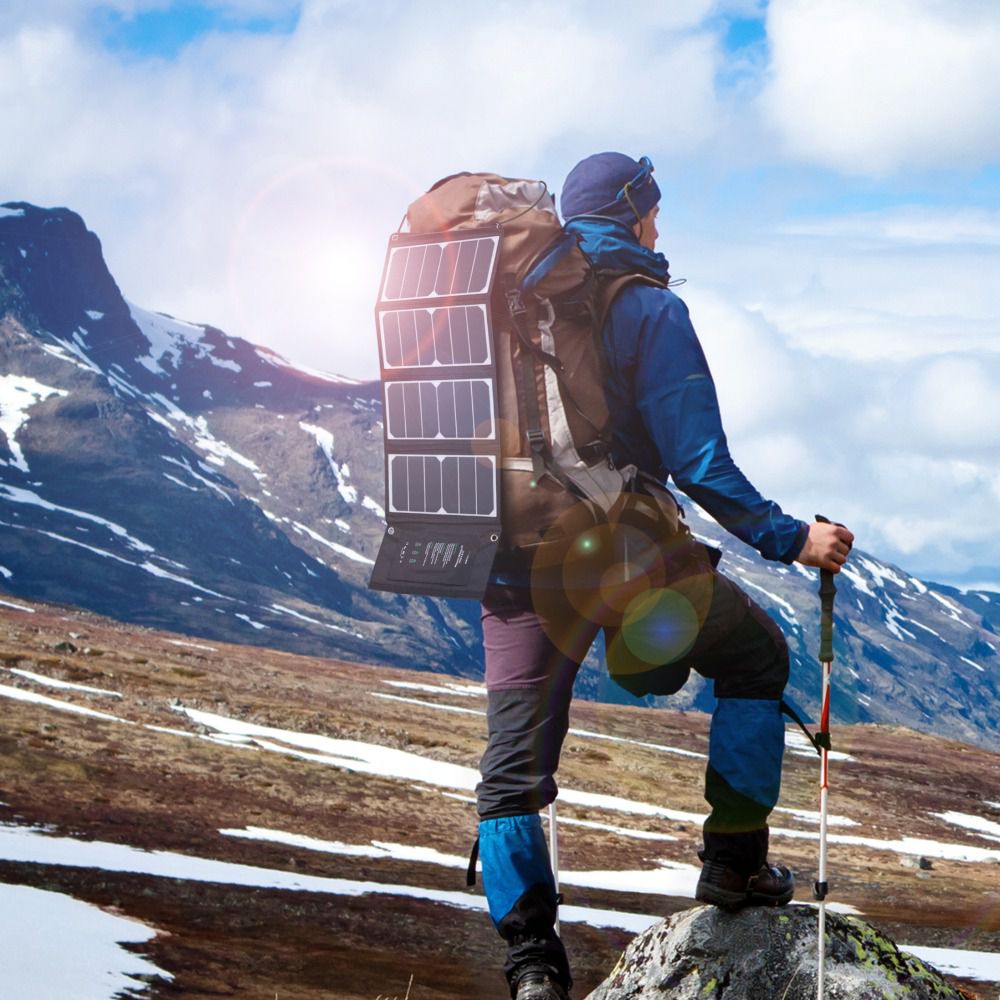 portable solar charger on a backpack